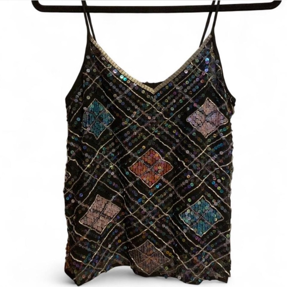 Black Sequin Beaded Diamond Pattern Spaghetti Strap Cami Top Going Out Festival